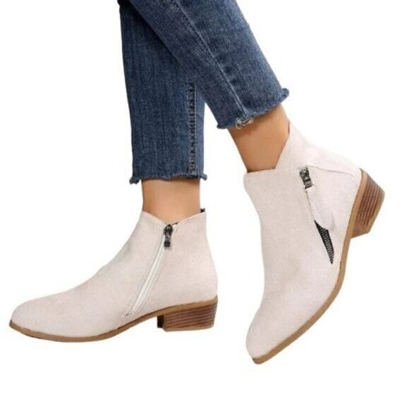 Chunky Heel Side Zip Faux Suede Ankle Boots - Picture 9 of 13